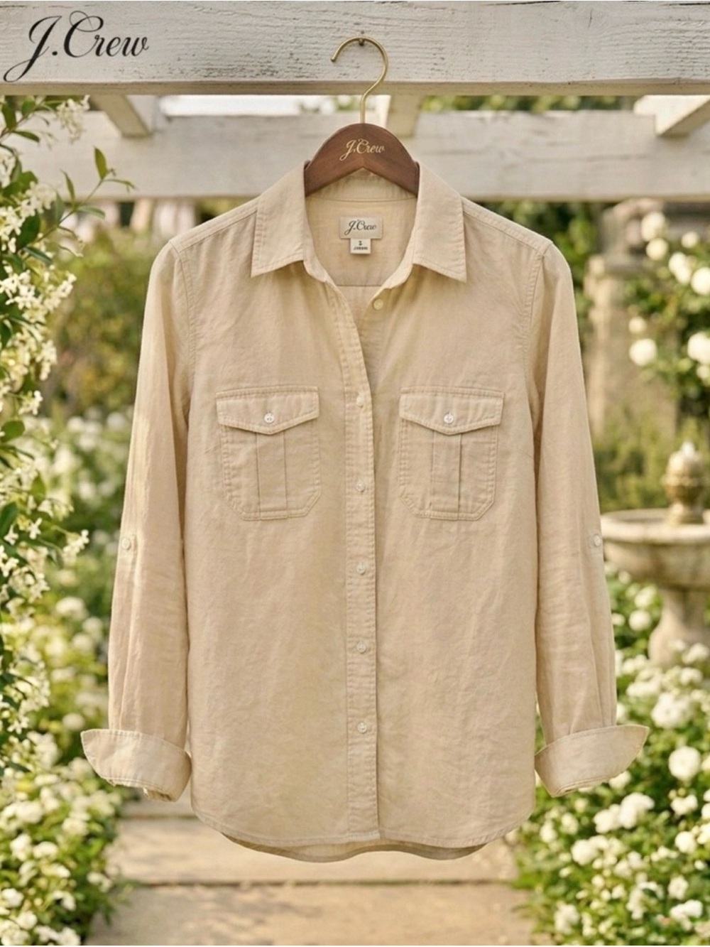 J Crew Button-Down Cotton Khaki Tan Top, Sleeve Roll-Tabs ⭐️ Like New - Picture 12 of 16